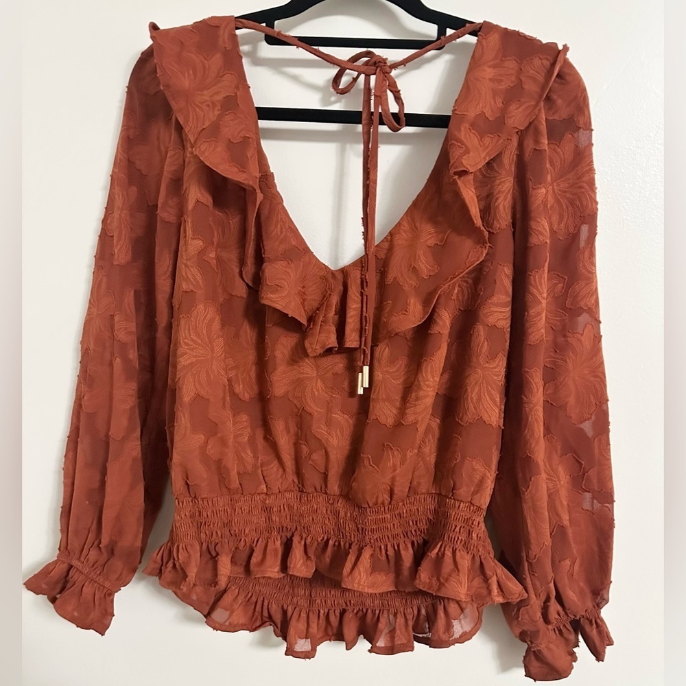 NWT Anthropologie Textured Floral Ruffle Blouse Top Ruffled Rust Crimson Small - Picture 5 of 5